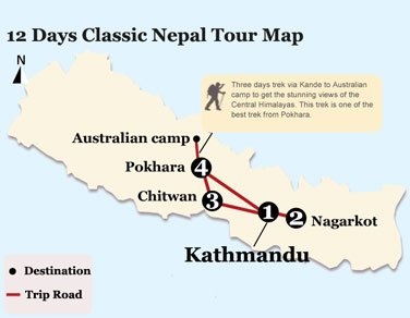 12 Days Classic Nepal Tour Map