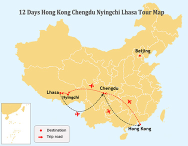 12 Days Hongkong Chengdu Tibet Tour Map