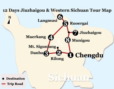 12 Days Jiuzhaigou & Western Sichuan Tour Map 