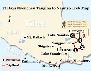 12 Days Nyenchen Tanglha to Namtso Trek Map