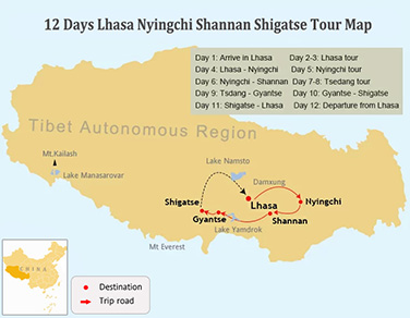 12 Days Tibet Historical Sites Tour Map