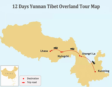 12 Days Yunnan to Tibet Overland Tour Map 
