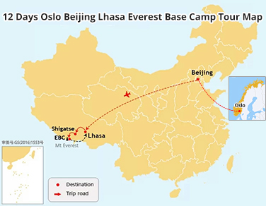 12 Days Oslo Beijing Lhasa EBC Tour Map