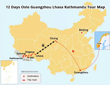 12 Days Oslo Guangzhou Lhasa Kathmandu Tour Map
