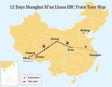 12 Days Shanghai Lhasa to Everest Tour Map