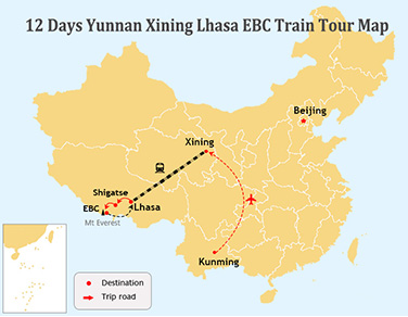 12 Days Yunnan Xining and tibet Tour Map