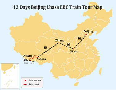 13 Days Beijing and Lhasa to Everest Tour Map