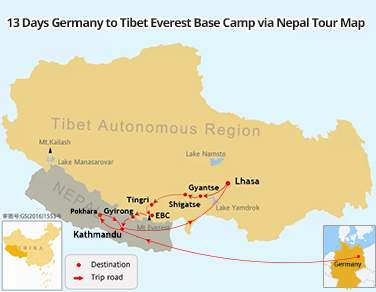 13 Days Germany to Tibet Everest Base Camp via Nepal Tour Map