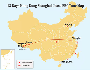 13 Days HongKong Shanghai Tibet Tour Map