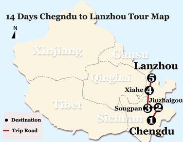 14 Days Chegndu to Lanzhou Tour Map