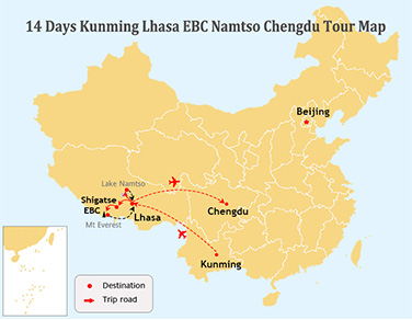 14 Days Kunming Lhasa Everest Namtso Chengdu Flight Tour