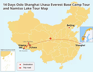 14 Days Oslo Shanghai Lhasa EBC and Namtso Lake Tour Map