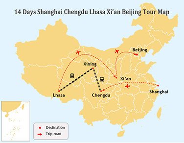 14 Days Shanghai Chengdu Lhasa Xi'an Beijing Tour Map