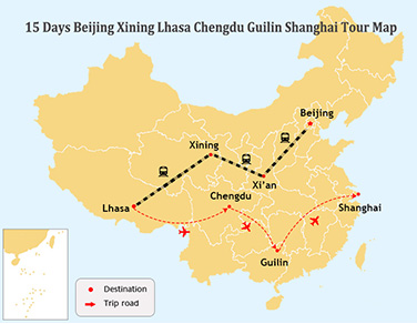 15 Days Best of China & Lhasa Tour Map