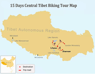 15 Days Central Tibet Biking Tour Map
