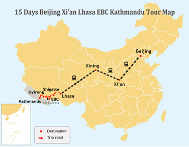15 Days China, Tibet and Nepal Tour Map