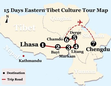 15 Days Eastern Tibet Culture Tour Map