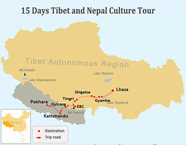 15 Days Tibet & Nepal Culture Tour Map