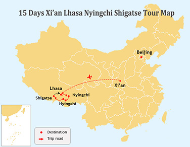 15 Days Xi’an to Lhasa and Nyingchi, Tsedang and Shigatse Tour Map