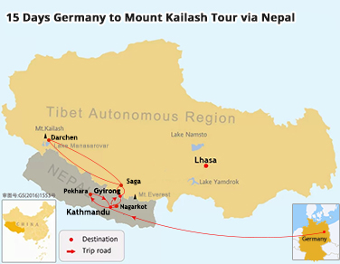 15 Days Germany to Mount Kailash via Nepal Tour Map