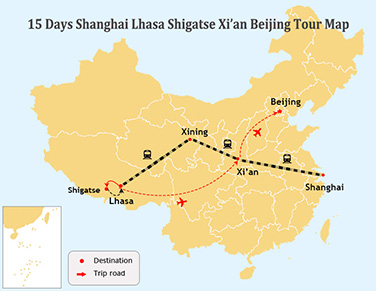 15 Days Shanghai Lhasa Xi'an and Beijing Tour Map