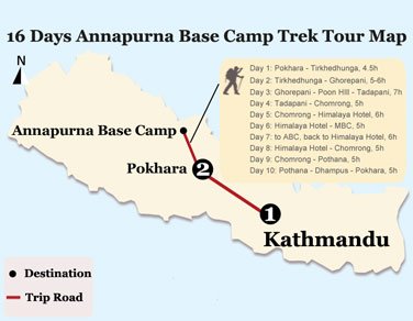 16 Days Annapurna Base Camp Trek Tour Map