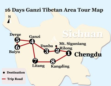 16 Days Ganzi Tibetan Area Tour Map 