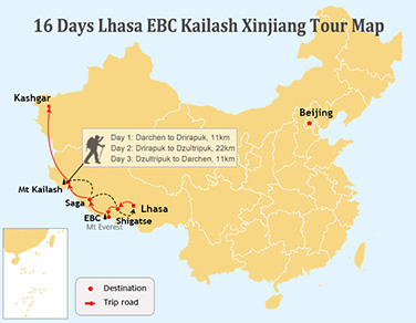 16 Days Tibet to Xinjiang Land Trip Map