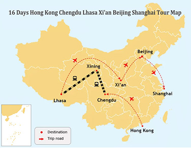 16 Days HongKong Chengdu Lhasa Xian Beijing and Shanghai Tour Map