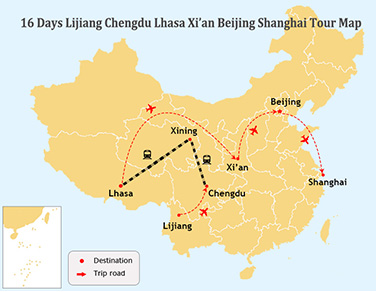 16 Days Lijiang Chengdu Lhasa Xian Beijing and Shanghai Tour Map