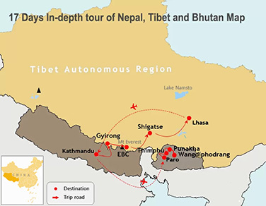 17 Day Nepal Tibet Bhutan Tour by Overland Map