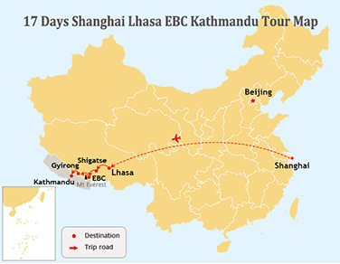 17 Days Shanghai to Lhasa and Nepal Tour Map