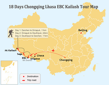 18 Days Classic Chongqing and Lhasa to EBC and Kailash and Manasarovar Tour Map