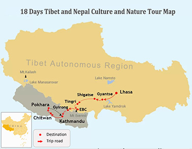 18 Days Tibet & Nepal Tour Map