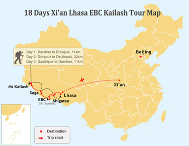 18 Days Xi’an to Lhasa and EBC and Manasarovar, Kailash Tour Map