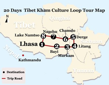 20 Days Tibet Kham Culture Loop Tour Map