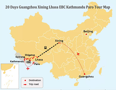 20 Days Guangzhou, Xining, Lhasa, Shigatse, EBC, Nepal Bhutan Tour