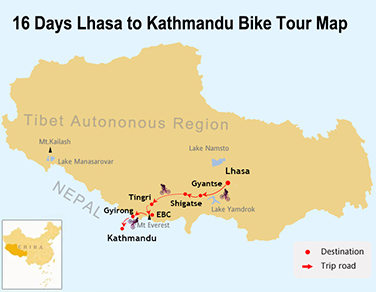 22 Days Lhasa to Kathmandu Bike Tour Map