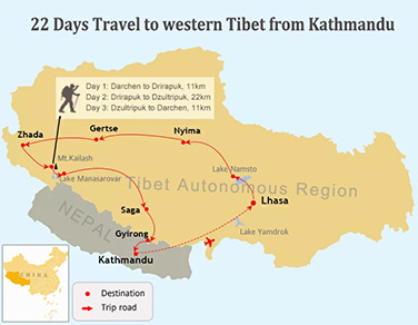 22 Days Nepal to western Tibet Tour Map