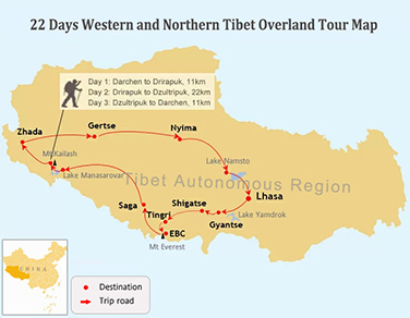 22 Days Western and Northern Tibet Tour Map