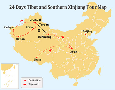 24 Days Tibet and Xinjiang Tour Map