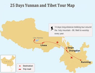 25 Days Yunnan & Tibet Tour Map