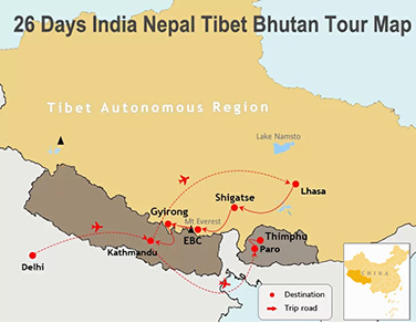 26 Days Best Overland Adventure via India Nepal Tibet Bhutan