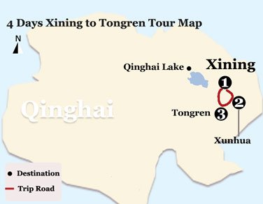 4 Days Xining to Tongren Tour Map