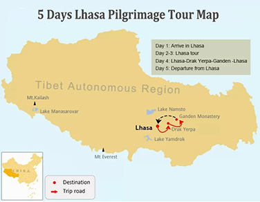 5 Days Lhasa Pilgrimage Tour Map