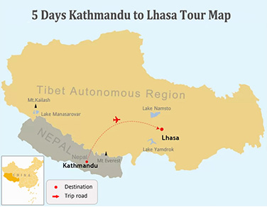 5 Days Lhasa Tour Map from Nepal by Air