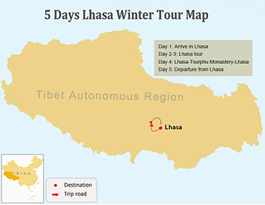 5 Days Lhasa Winter Tour Map