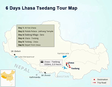 5 Days Lhasa to Samye Monastery Tour Map
