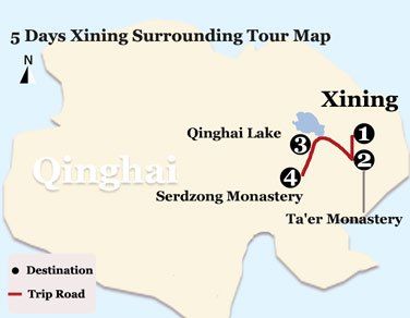 5 Days Xining Surrounding Tour Map