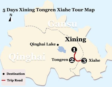 5 Days Xining Tongren Xiahe Tour Map